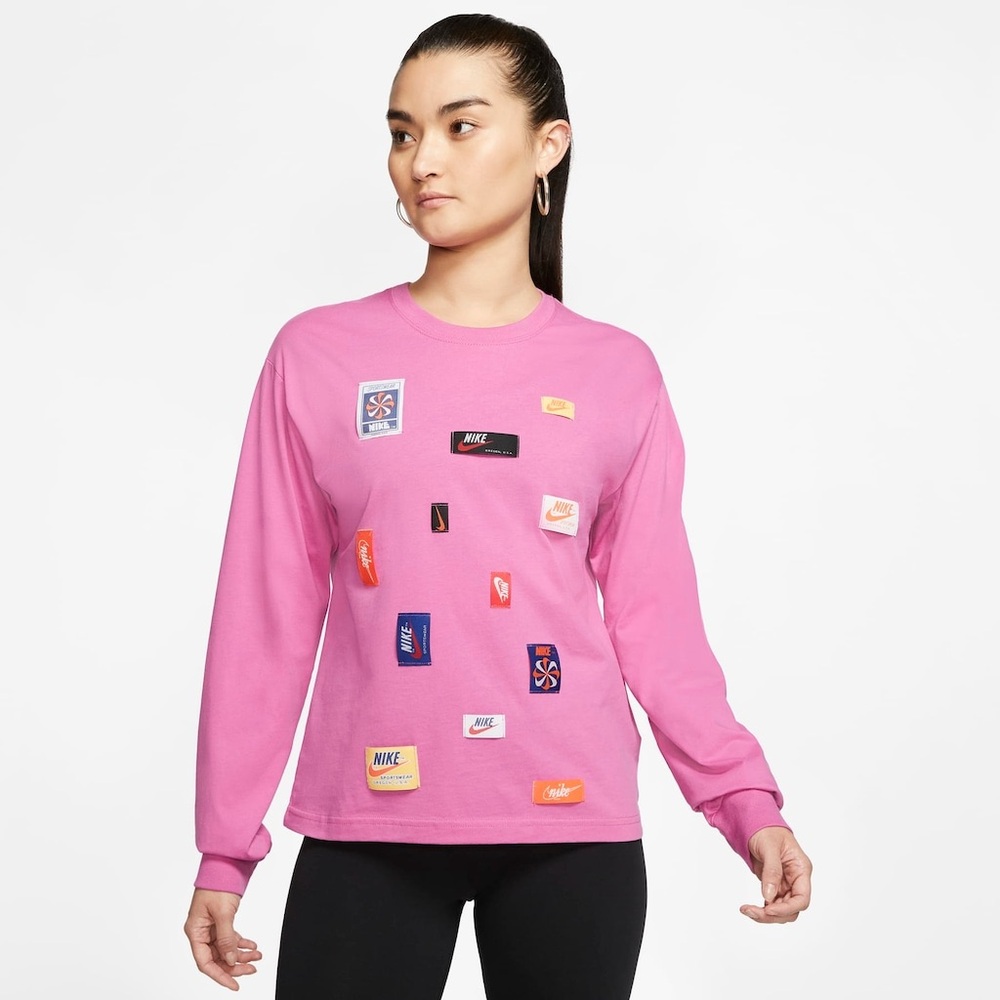 Nike L Women's Long Sleeve Tee Retro Nike Logo Patches Pink Sporty Maximalist